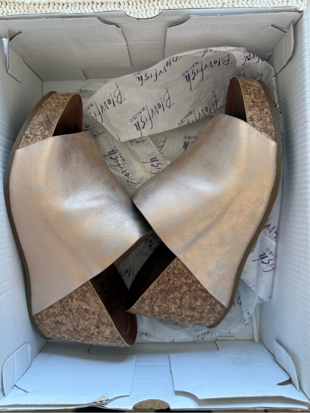 Metallic Rose Wedge Slide Sandals with Cork Platform